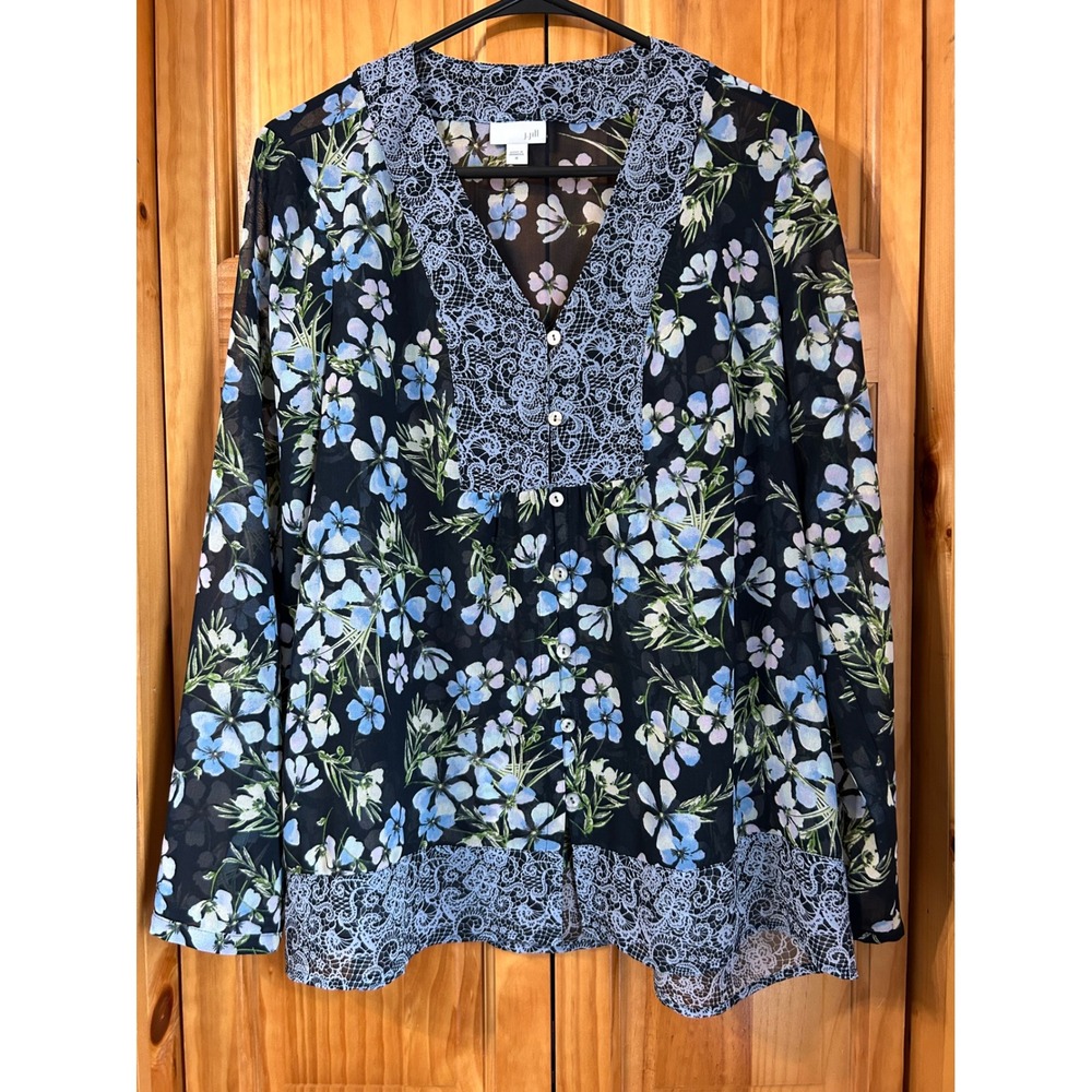 J.Jill NWOT Womens M Floral Lace Blouse Navy Button Front Semi Sheer Long Sleeve